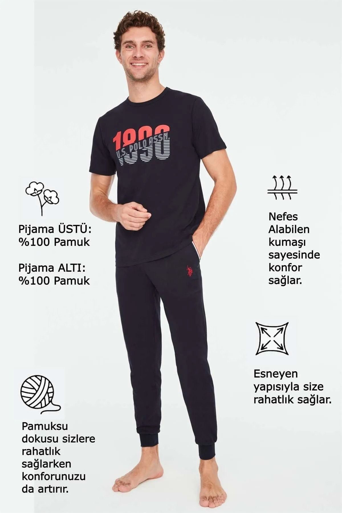 ست پیژامه آبی مردانه پولو اسن ایالات متحده یقه گرد سرمه ای 18692 U.S. Polo Assn.