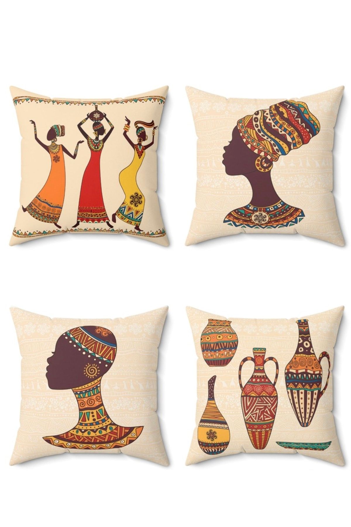 FUS BLUE-Set of 4 Decorative Throw Pillow Cases with African Figures 1