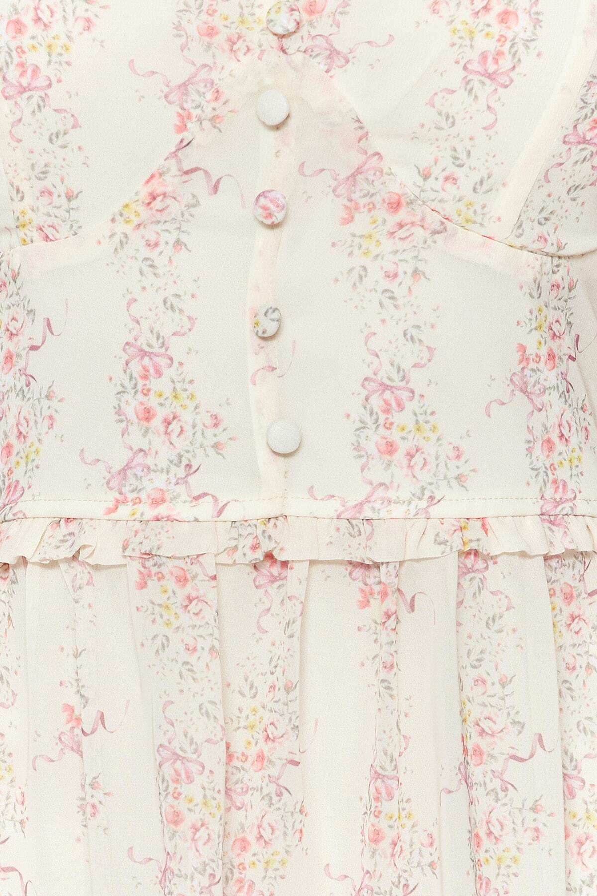 Trendyolmilla  Beyaz Çiçek Desenli Belden Açılan V Yaka Mini Astarlı Şifon Dokuma Elbise TWOSS23EL01782 - Görsel 8