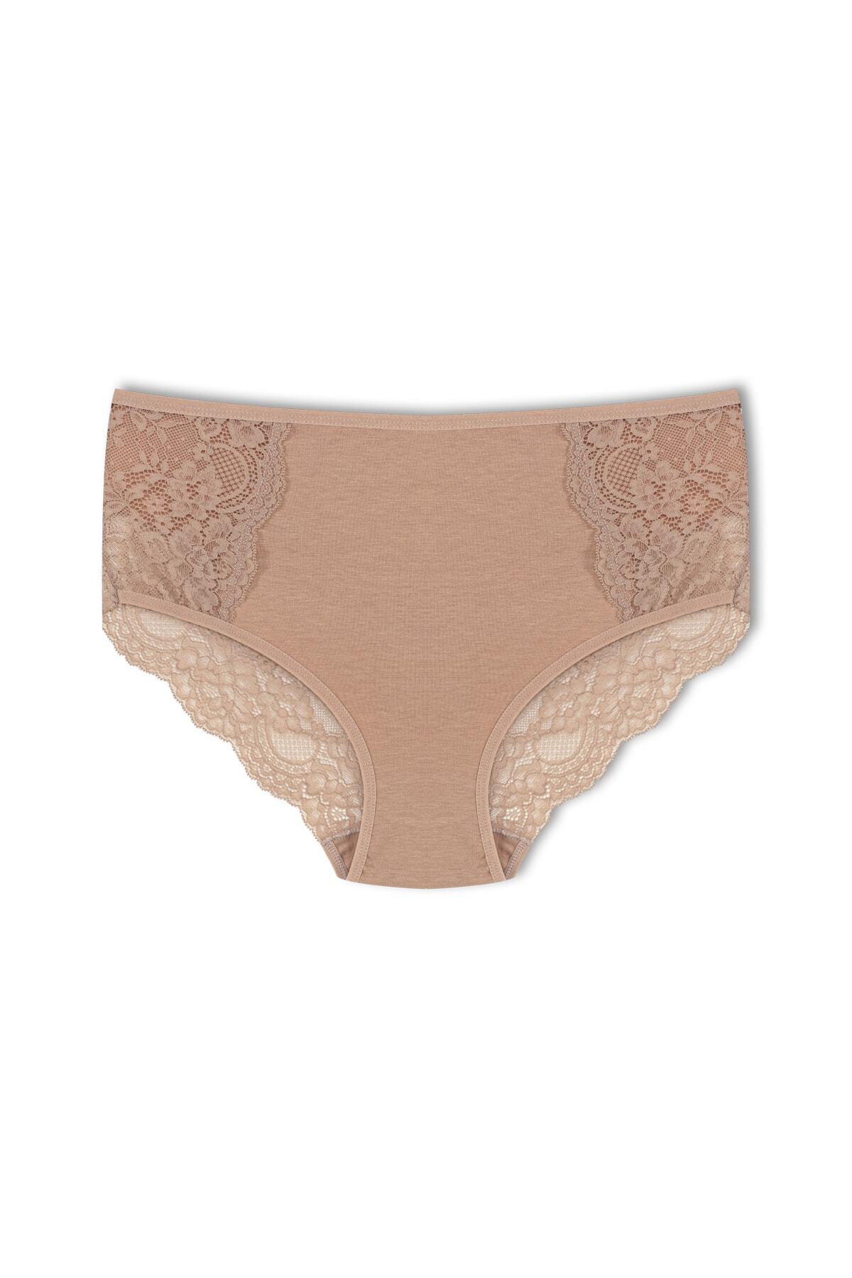 Brown Cotton Women's Plus Size Briefs with Front Side and Back Lace