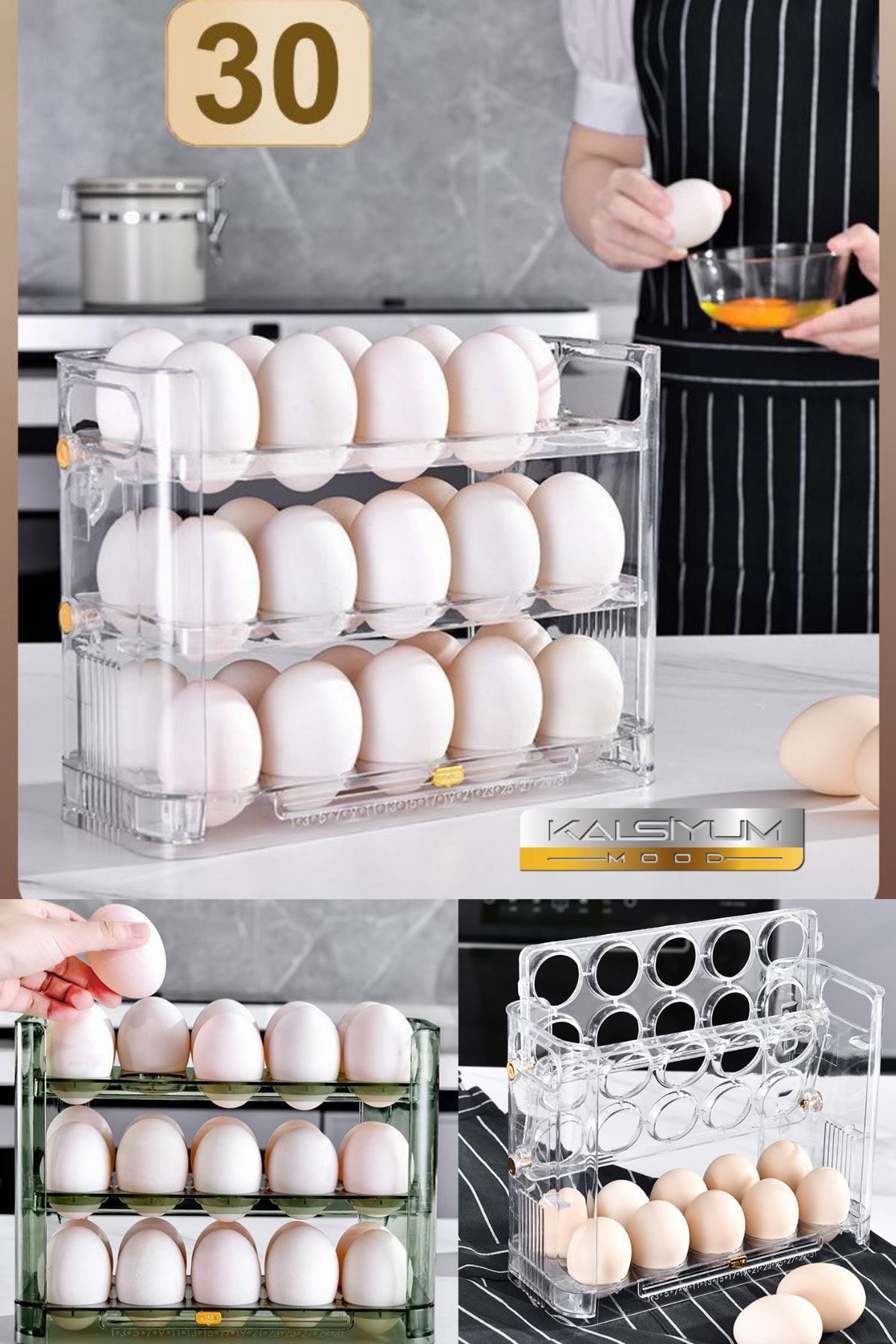 Kalsiyum Mood-Practical Eggy Box 30 Compartments Egg Box 3 Layers Egg Cup Refrigerator Organizer Storage Container 3
