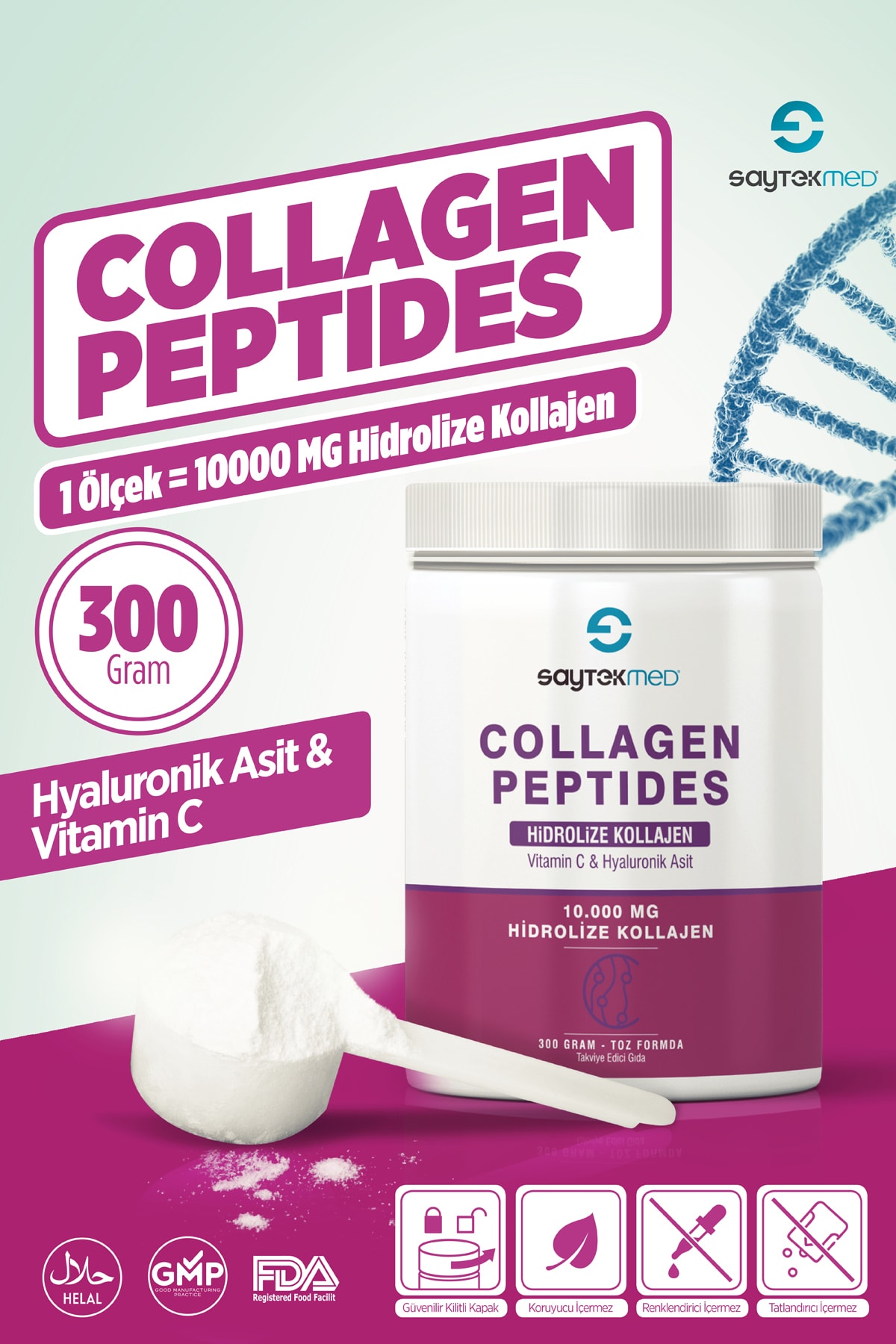 SAYTEKMED Collagen Peptides / Hidrolize Kollajen, Hyaluronik Asit Ve Vitamin C Içeren Takviye Gıda