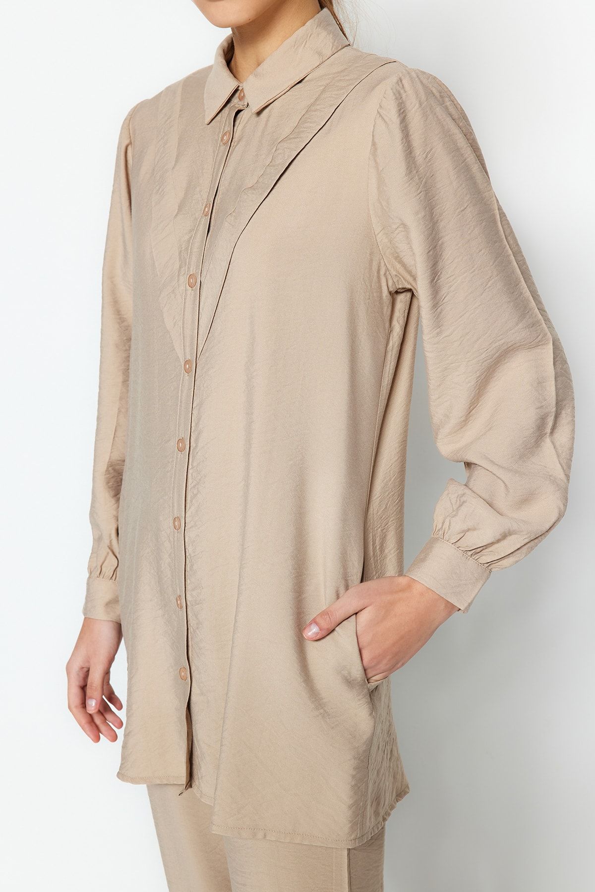 Trendyol Modest-Σετ υφαντό πουκάμισο-παντελόνι Camel Line Look TCTSS23US00079 4