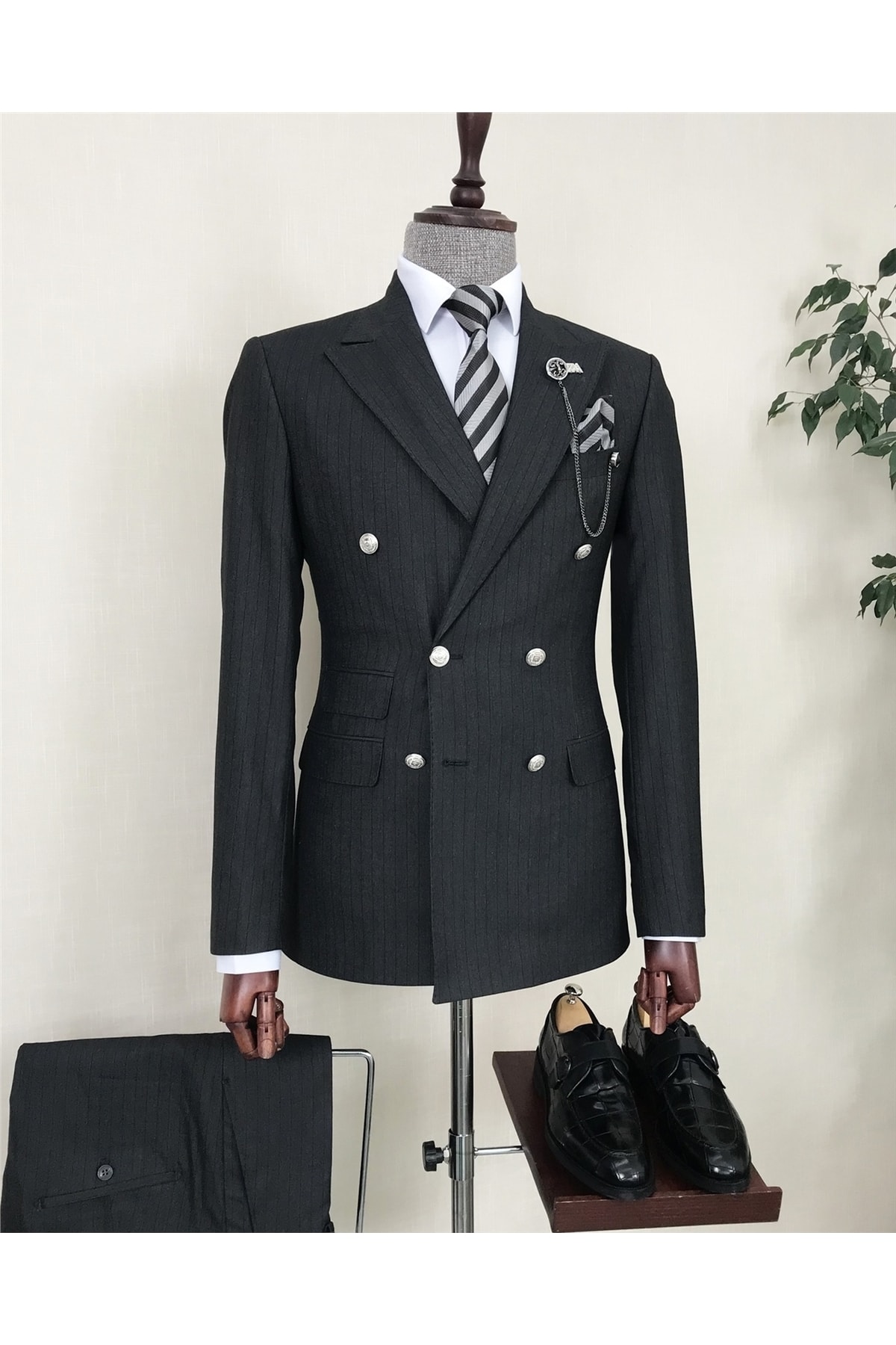 TerziAdemAltun Italyan Stil Çizgili Kruvaze Ceket Pantolon Takım Elbise Antrasit T8607