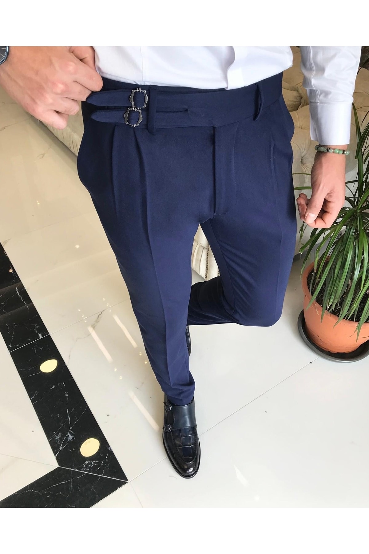 TerziAdemAltun Italyan Kesim Kemerli Pileli Erkek Kumaş Pantolon Lacivert T5822 AN10625
