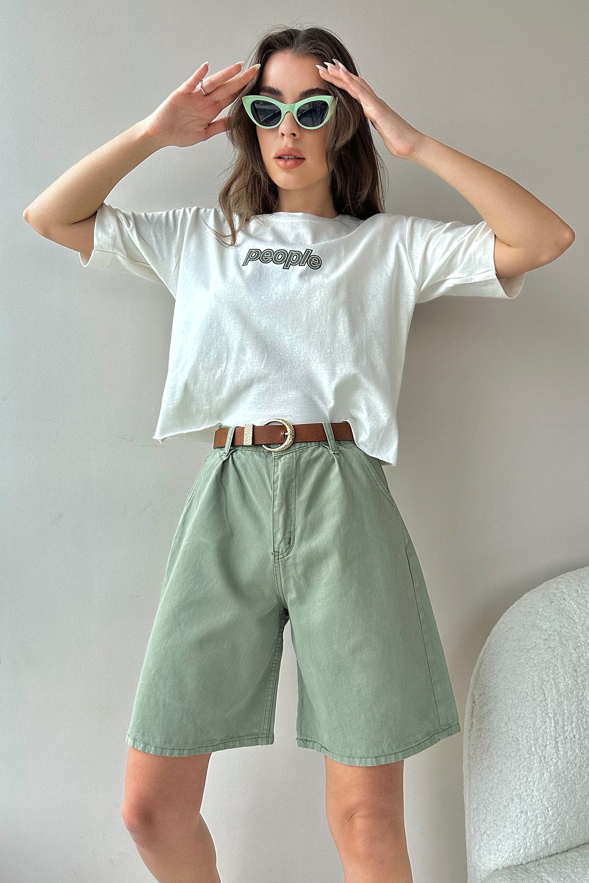 Trend Alaçatı Stili-Bermude pantaloni scurți din denim, verzi, cu talie înaltă, cu picioare late ALC-X8174 4