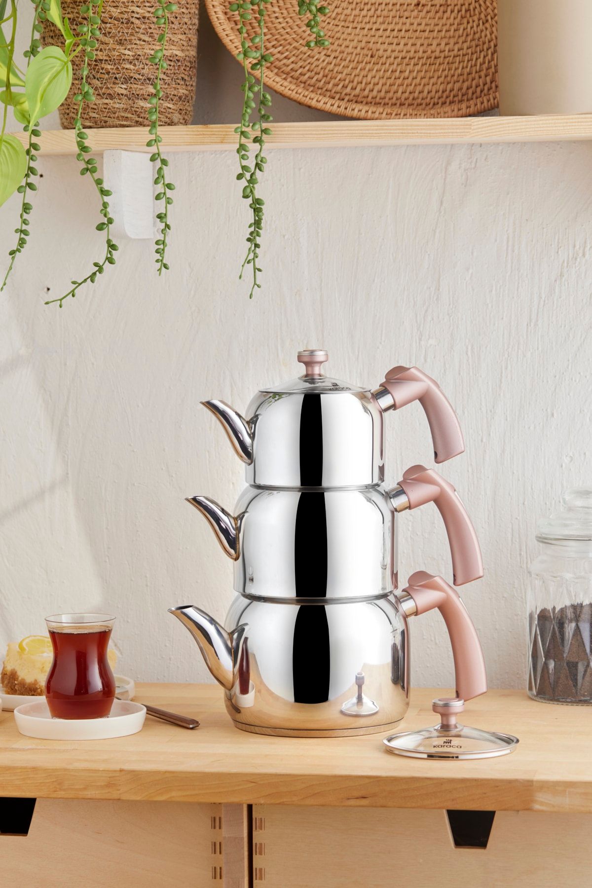 Karaca 3 Piece Stainless Steel Induction Teapot Set with Porcelain