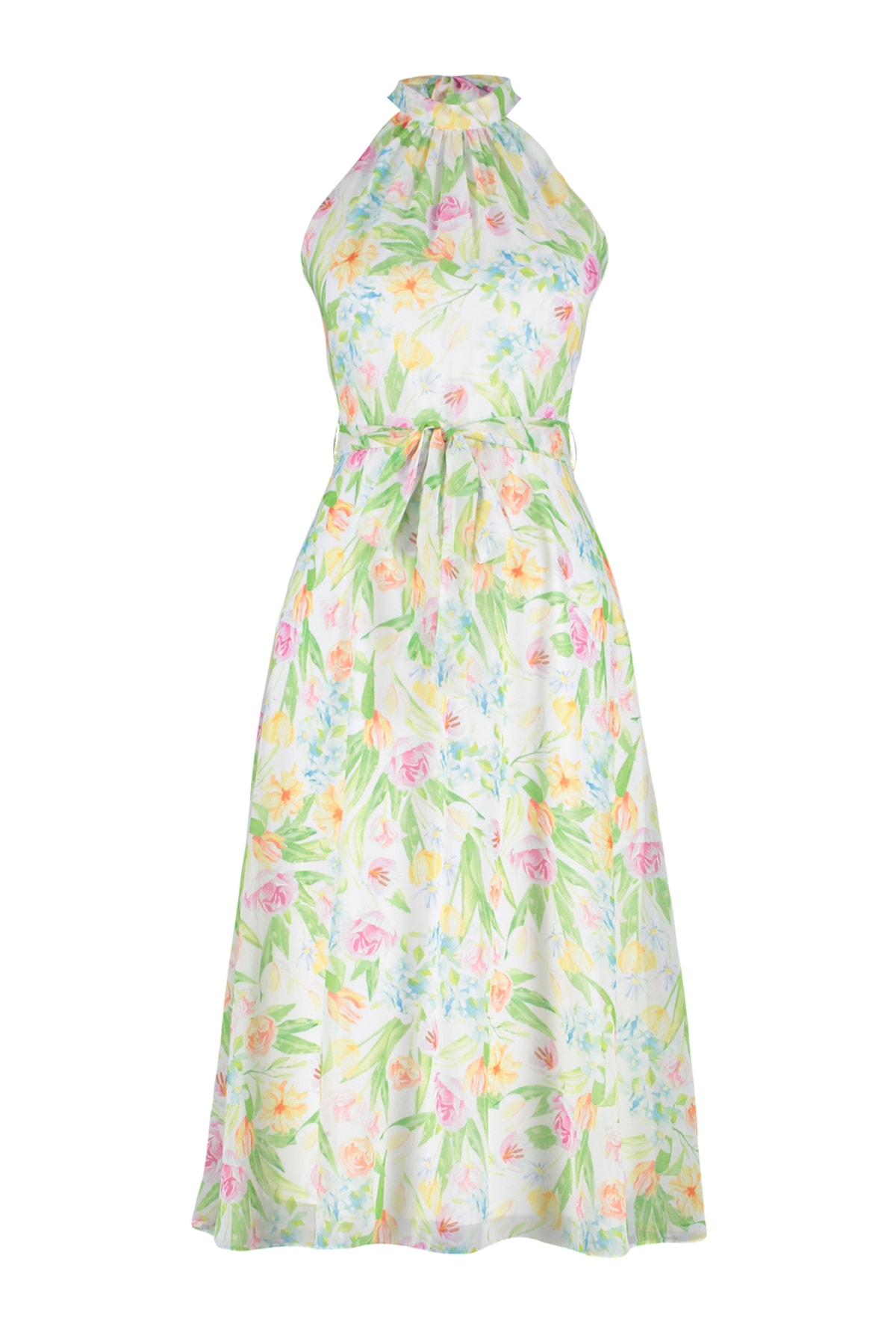 Trendyolmilla  Beyaz Çiçek Desenli Kuşaklı A Kesim Halter Yaka Astarlı Şifon Uçuş Uçuş Midi Elbise TWOSS20EL2536 - Görsel 7