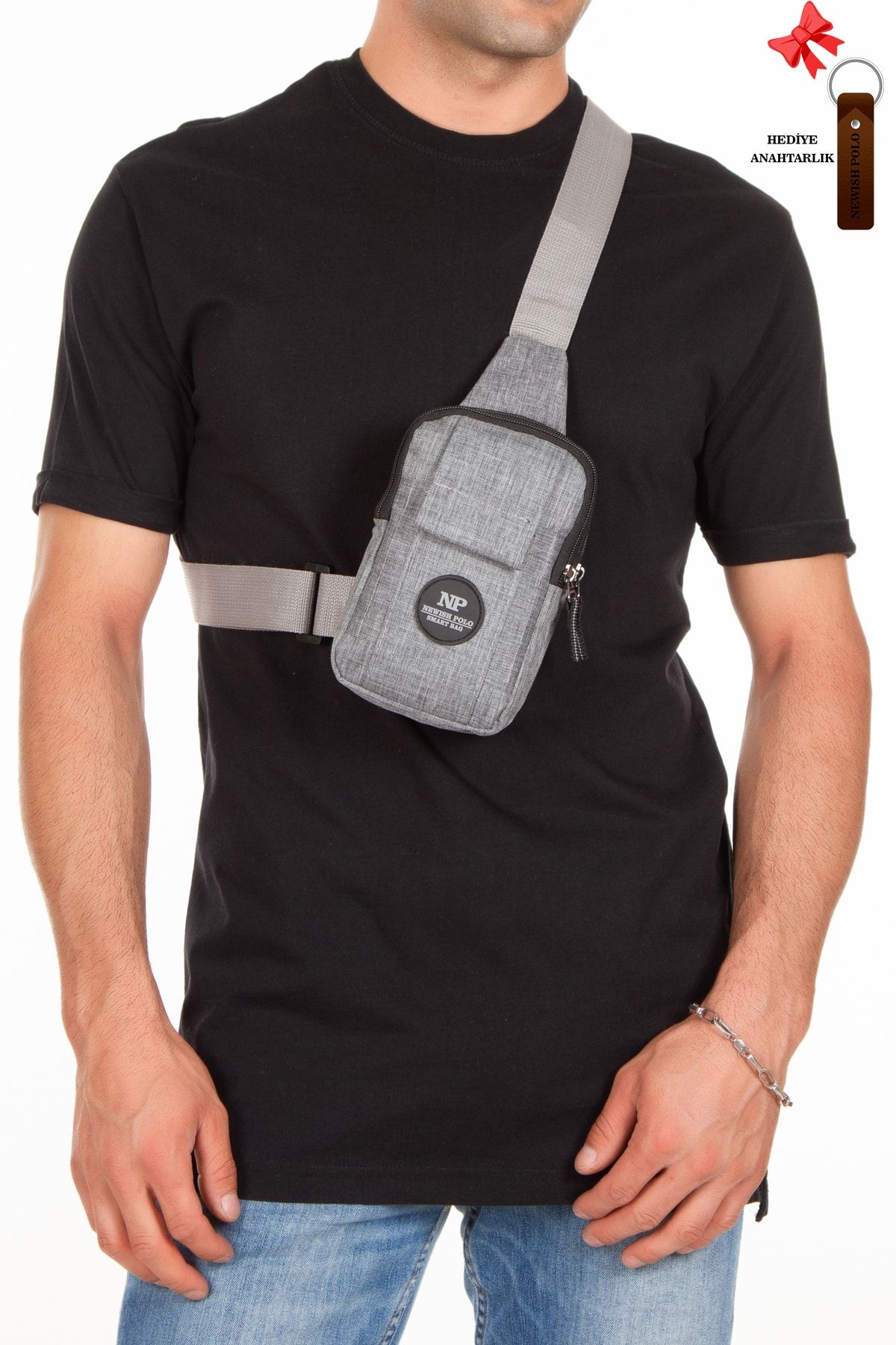 Newish Unisex Keten Kumaş Telefon Bölmeli Çapraz Askılı Omuz Ve Bel Çantası, Gri Renk, Günlük Spor ZO10618