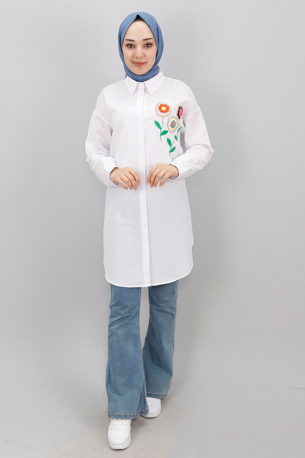 Çiçek Nakışlı Poplin Kumaş Tunik Gömlek