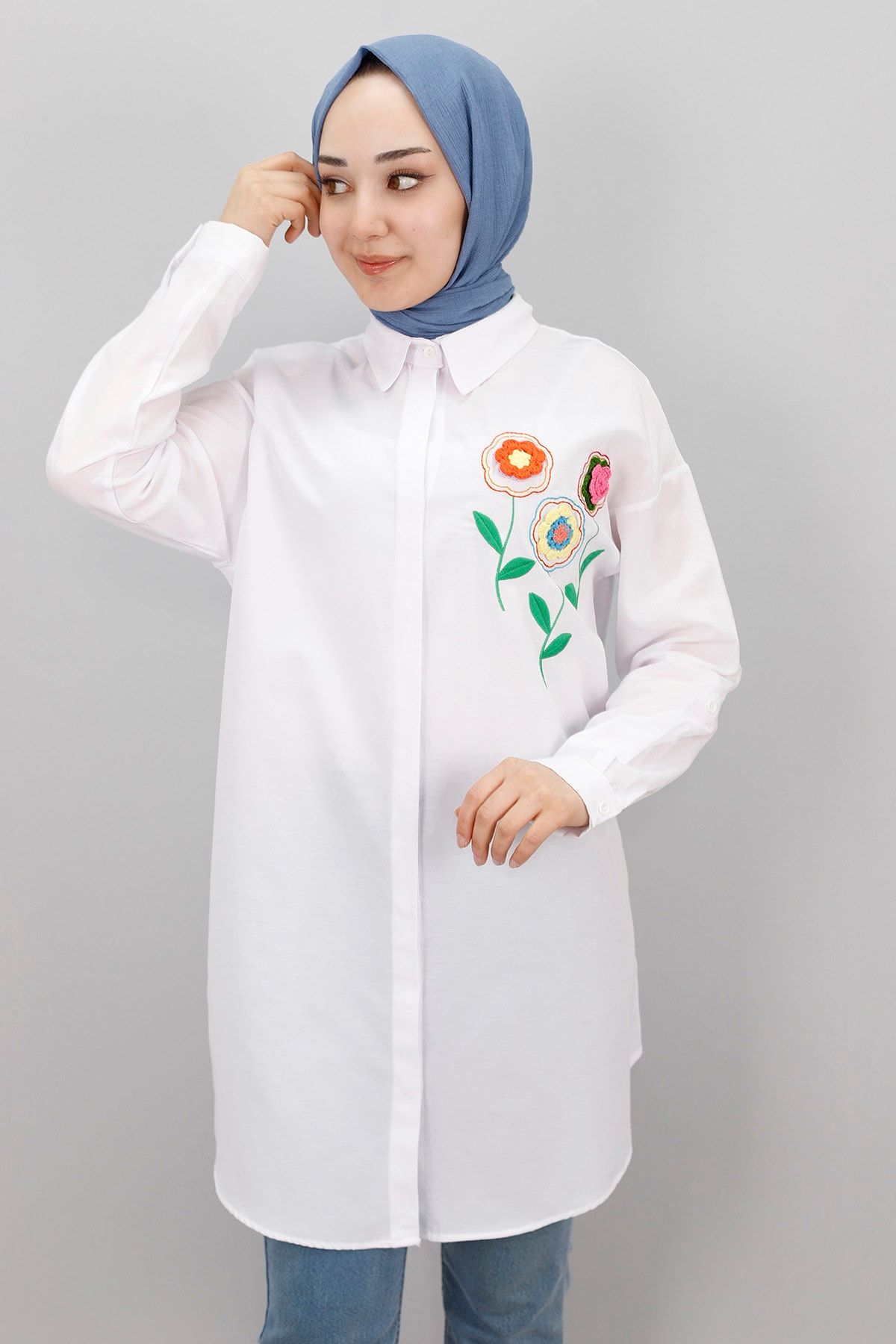 Çiçek Nakışlı Poplin Kumaş Tunik Gömlek