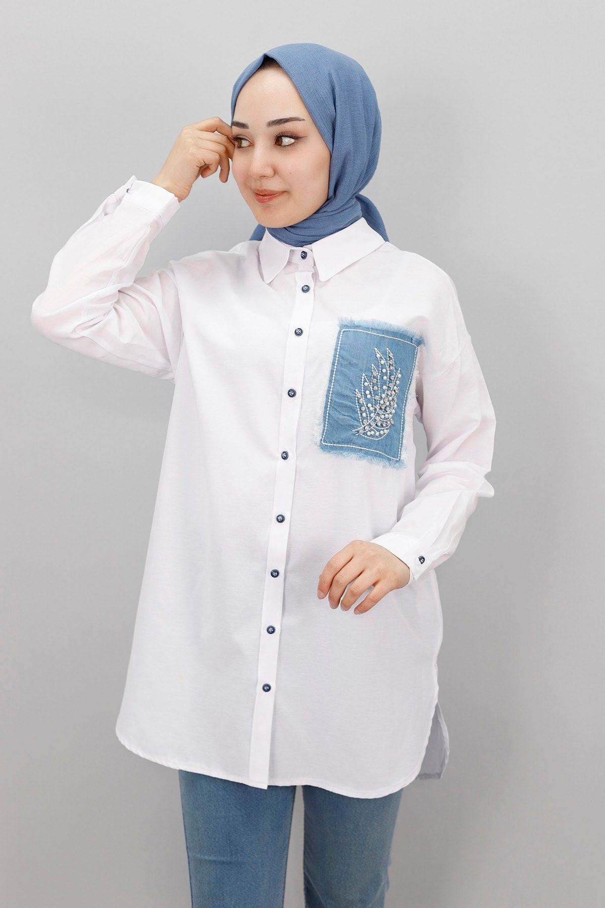 Kot Cep Detaylı Poplin Kumaş Tunik Gömlek