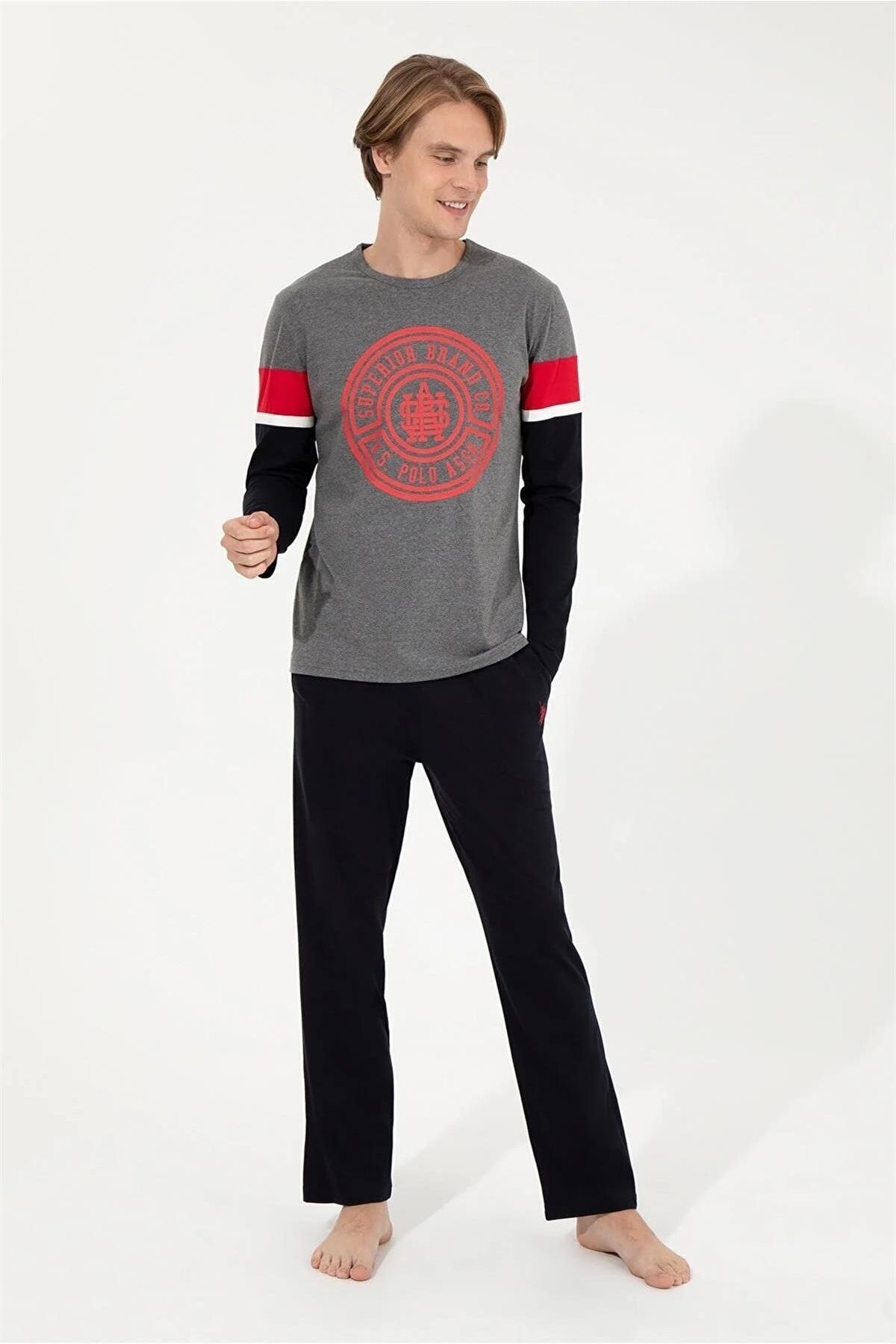 ست پیژامه خاکستری مردانه پایه. لباس خواب آستین بلند Polo Us18628 s U.S. Polo Assn.