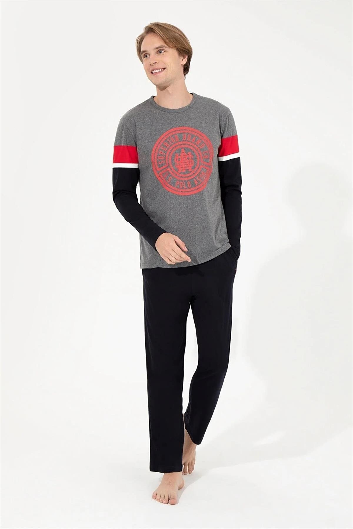 ست پیژامه خاکستری مردانه پایه. لباس خواب آستین بلند Polo Us18628 s U.S. Polo Assn.