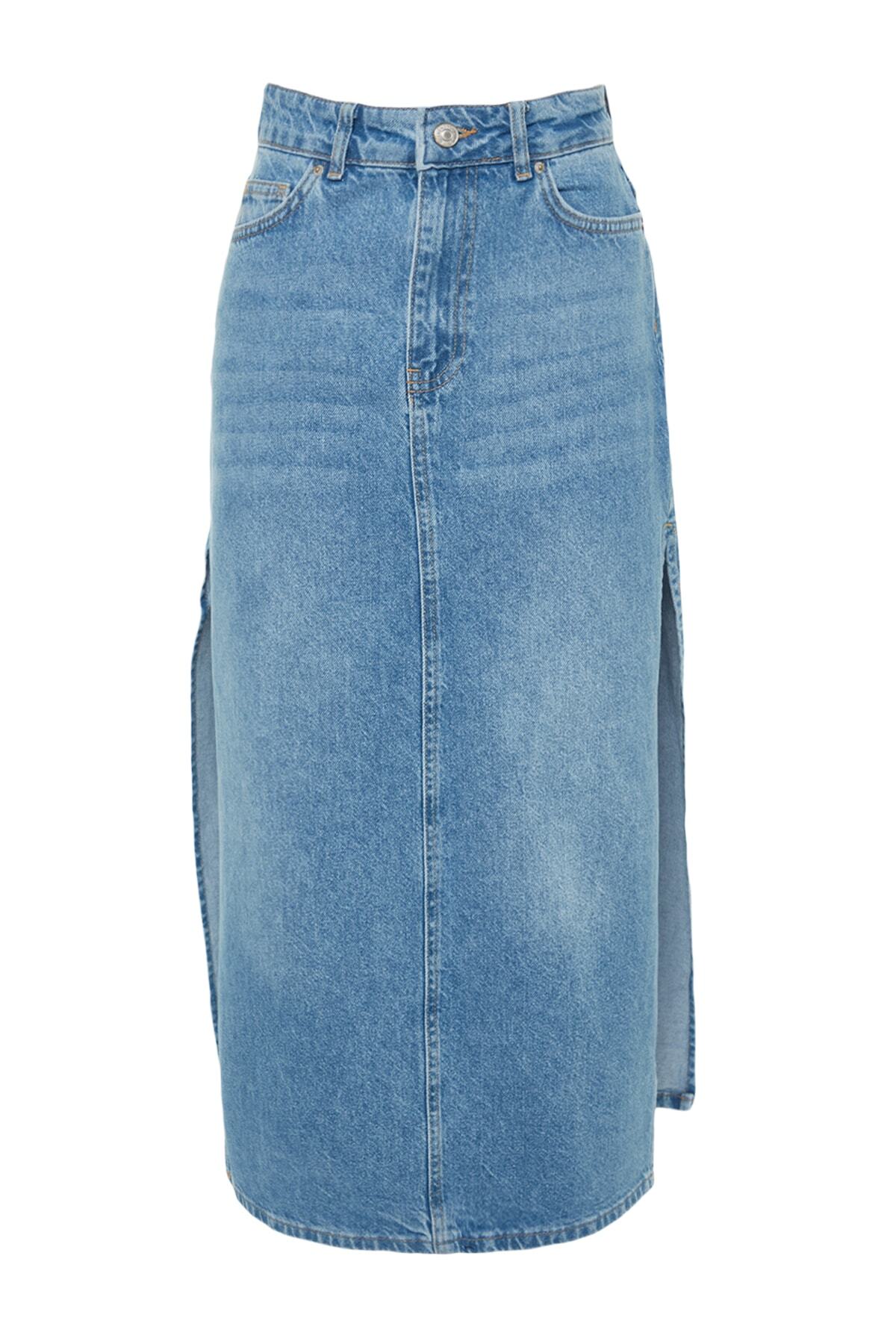 Trendyol Collection-Világoskék magas derekú Maxi farmerszoknya hasítékkal TWOSS23ET00109 6