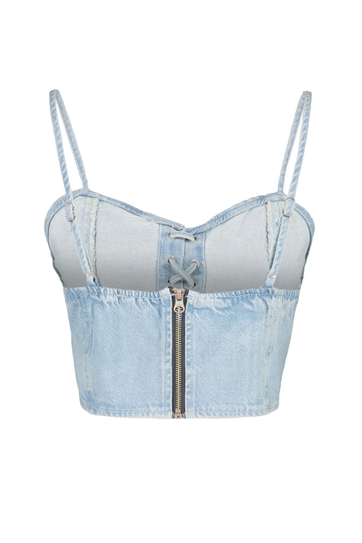 Trendyol Collection-Blaues Crop-Denim-Bustier mit Vogelaugen-Schnürung und herzförmigem Ausschnitt TWOSS23BS00010 8