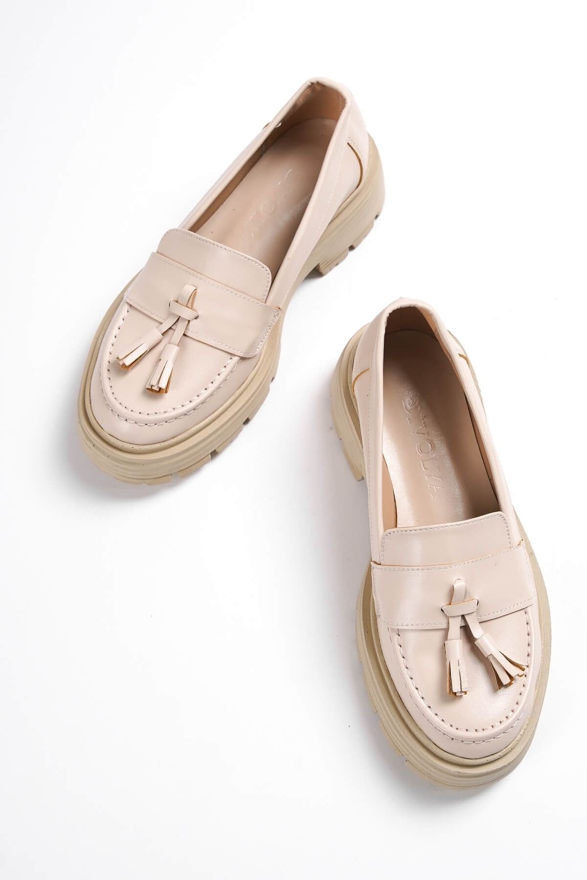 D VOLYA Fanes Beige Leather Tasseled Daily Use Loafer Women s