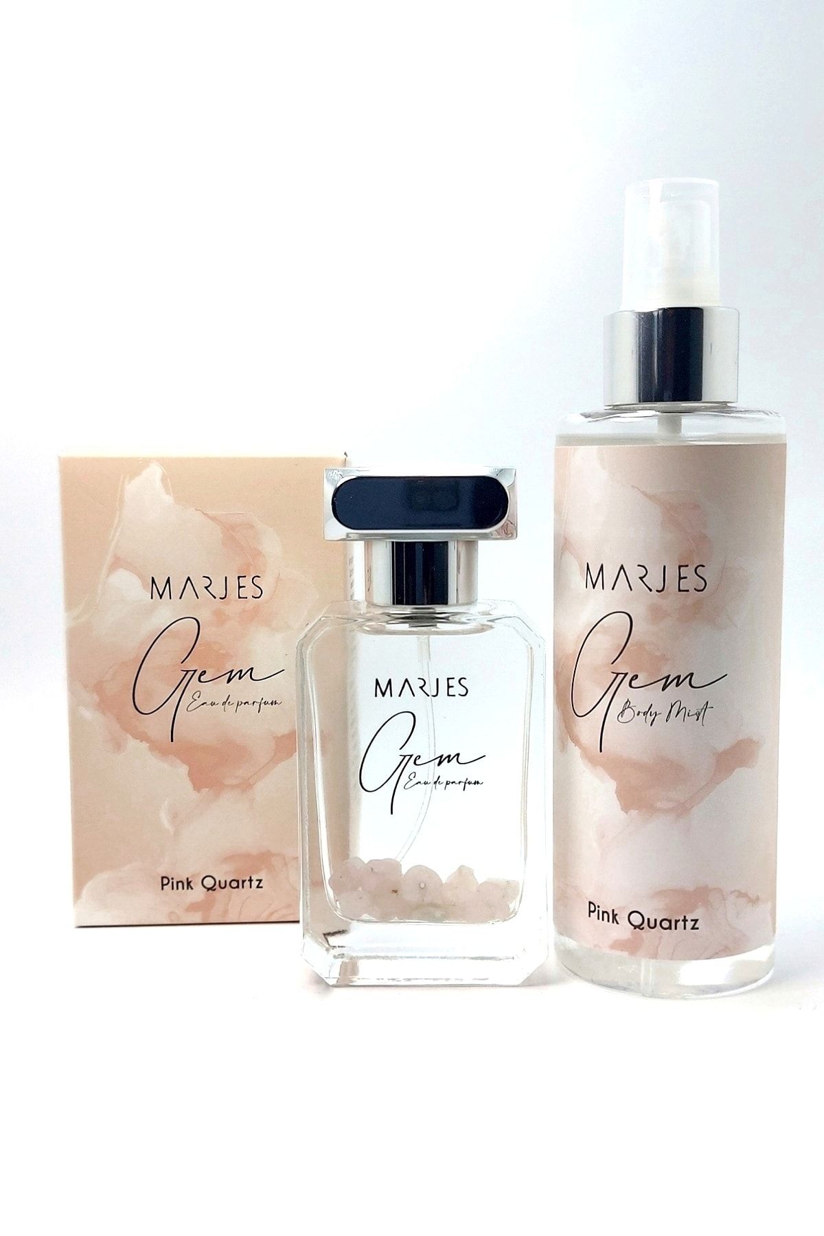 MARJES Pembe Kuvars Doğal Taşlı Gem Kadın Parfüm 50ml Ve Vücut Spreyi 200ml Seti