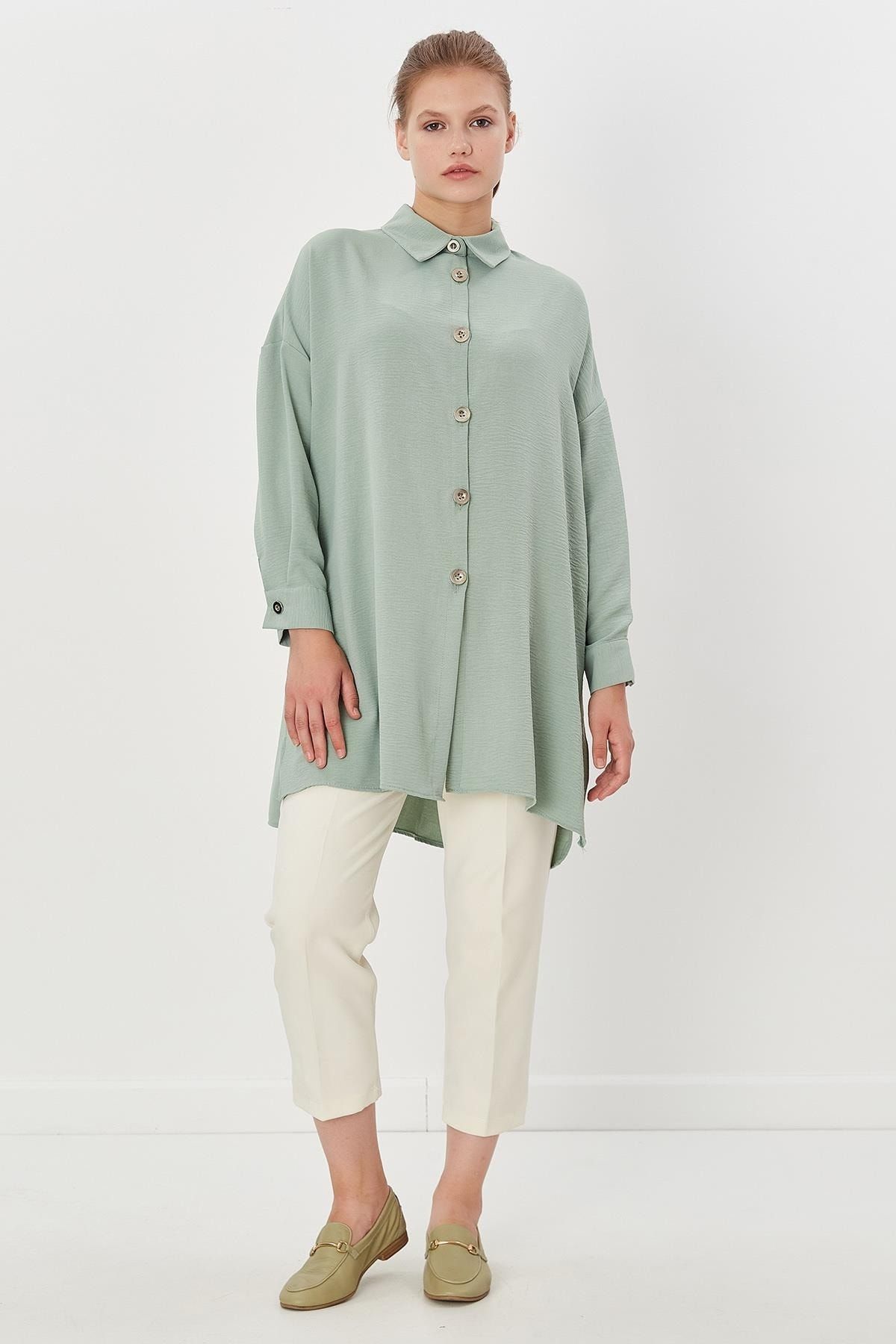 Yırtmaçlı Oversize Gömlek Çağla