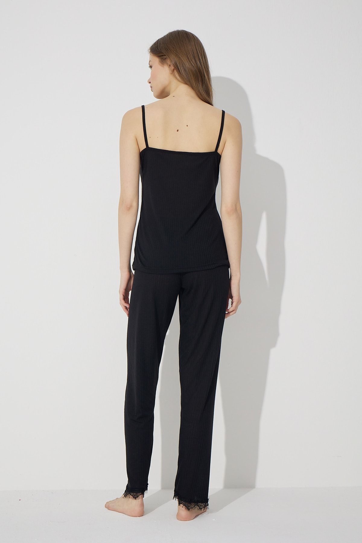 Siyah İnci-Black Soft Touch Thin Knitted Pajamas Set 3