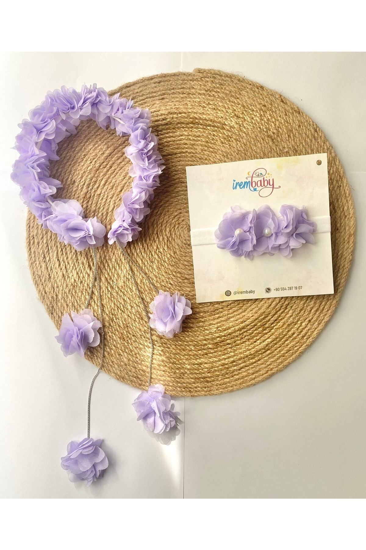 irembaby Anne Bebek Lohusa Seti Lila Sarkan Küpeli Çiçekli Lohusa Tacı Ve Bebek Saç Bandı Lohusa Takımı fotoğrafı 2 (önizleme)