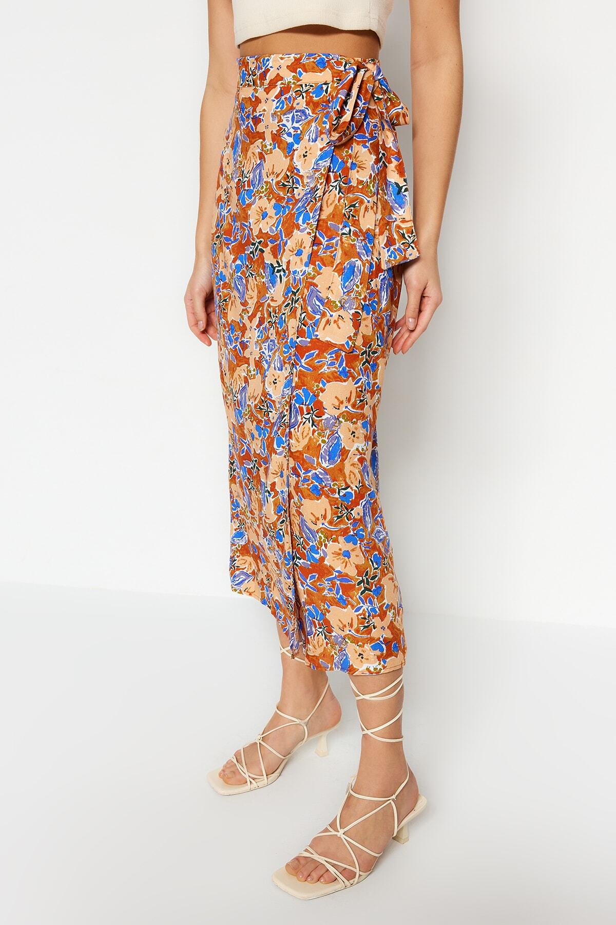 Trendyol Collection-Vícebarevná viskózová tkanina s květinovým vzorem Midi tkaná sukně TWOSS23ET00294 4