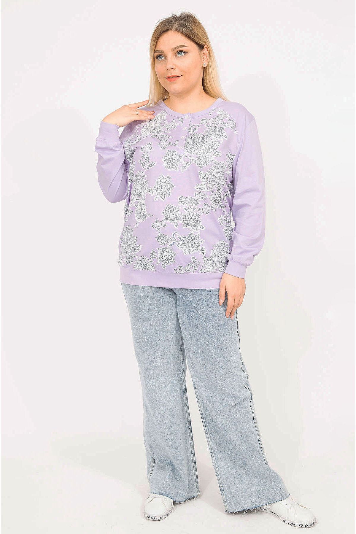 ans Women s Lilac Plus Size Cotton Fabric Front Patterned Blouse
