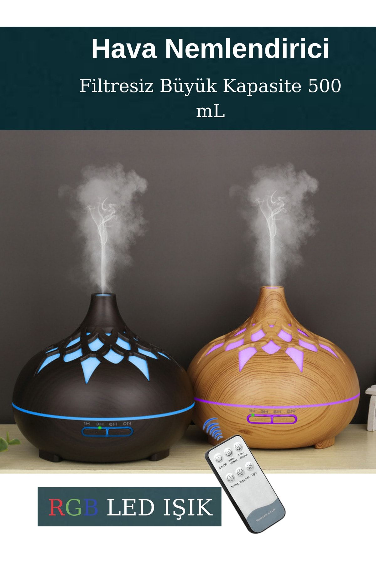 Humidifier Hava Nemlendirici Buhar Makinası Difüzörü Buhar Unik 7 Renk Led Işıklı Filtresiz 300ml Esansiyel