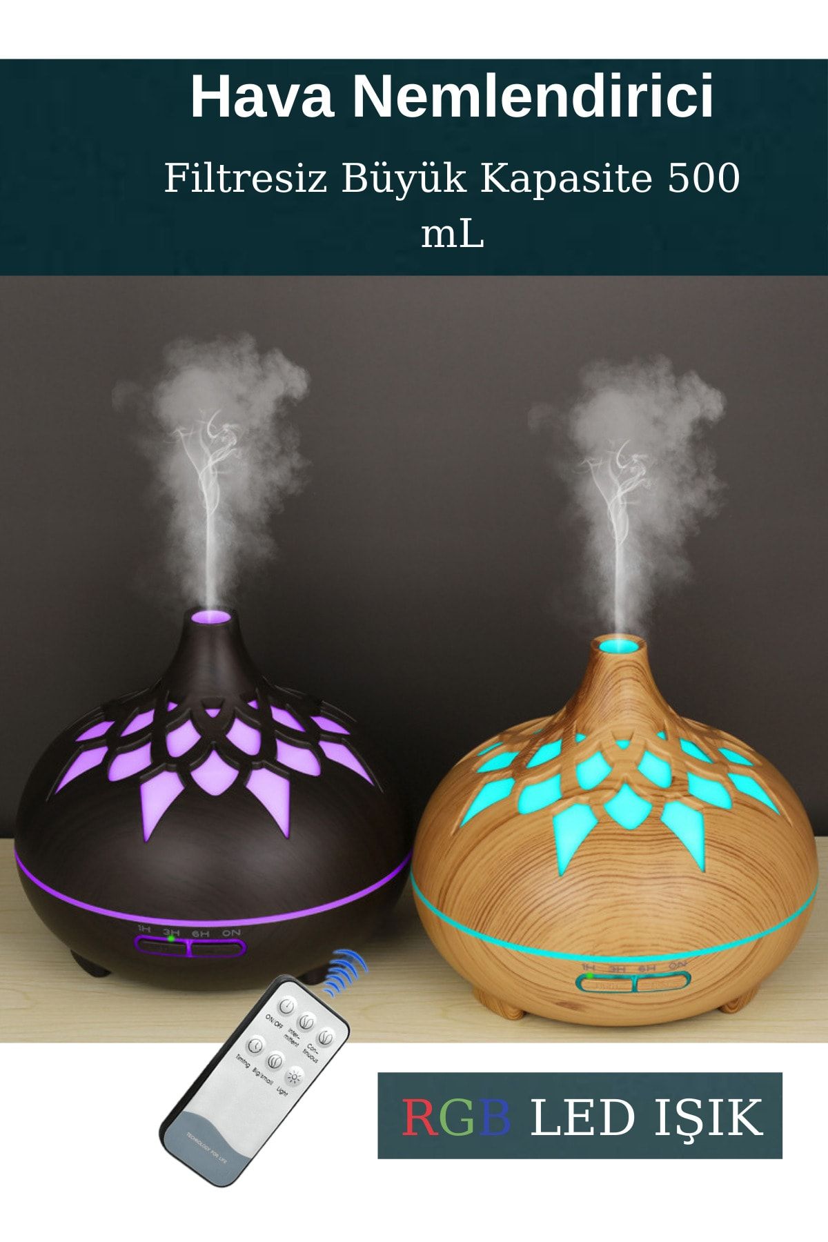 Humidifier Hava Nemlendirici Buhar Makinası Difüzörü Buhar Unik 7 Renk Led Işıklı Filtresiz 300ml Esansiyel