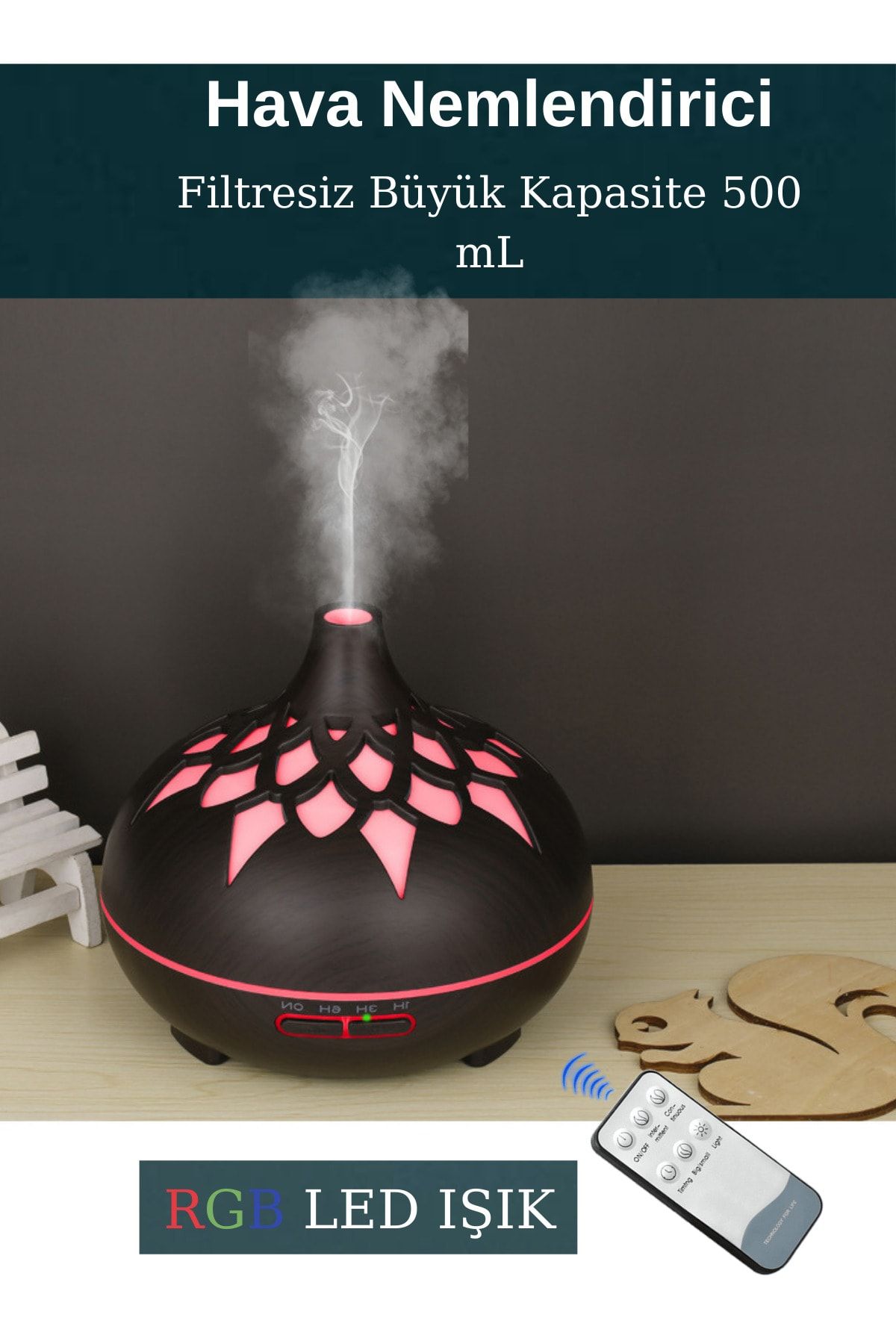 Humidifier Hava Nemlendirici Buhar Makinası Difüzörü Buhar Unik 7 Renk Led Işıklı Filtresiz 300ml Esansiyel