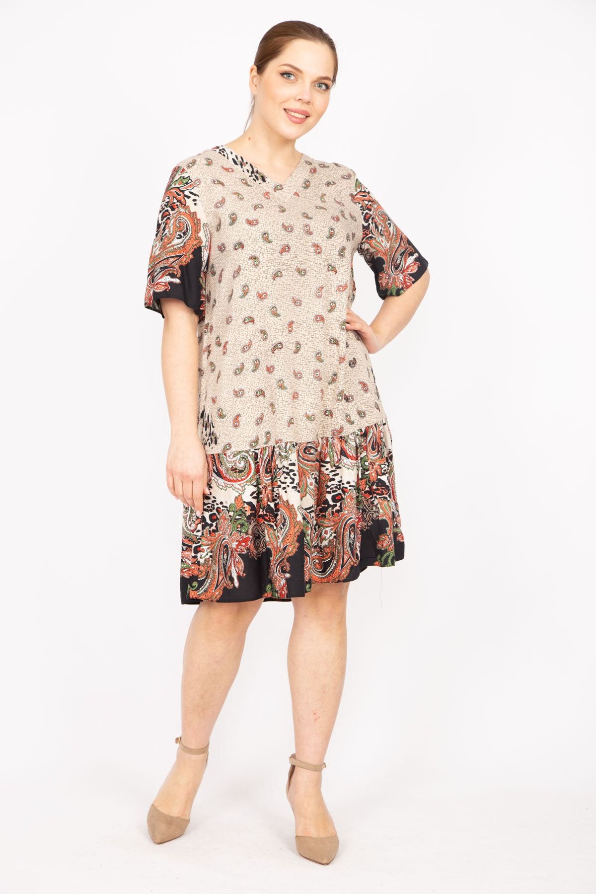 Şans-Women's Mink Plus Size Woven Viscose Fabric Paisley Patterned Dress 65n35834 2