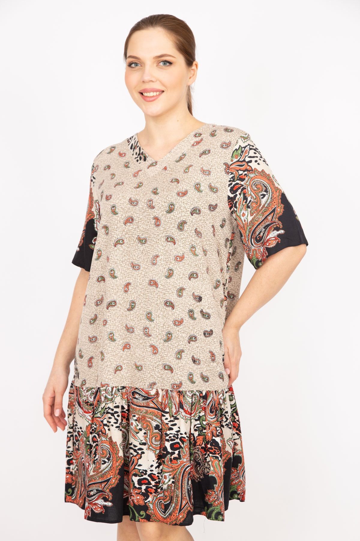 Şans-Women's Mink Plus Size Woven Viscose Fabric Paisley Patterned Dress 65n35834 5