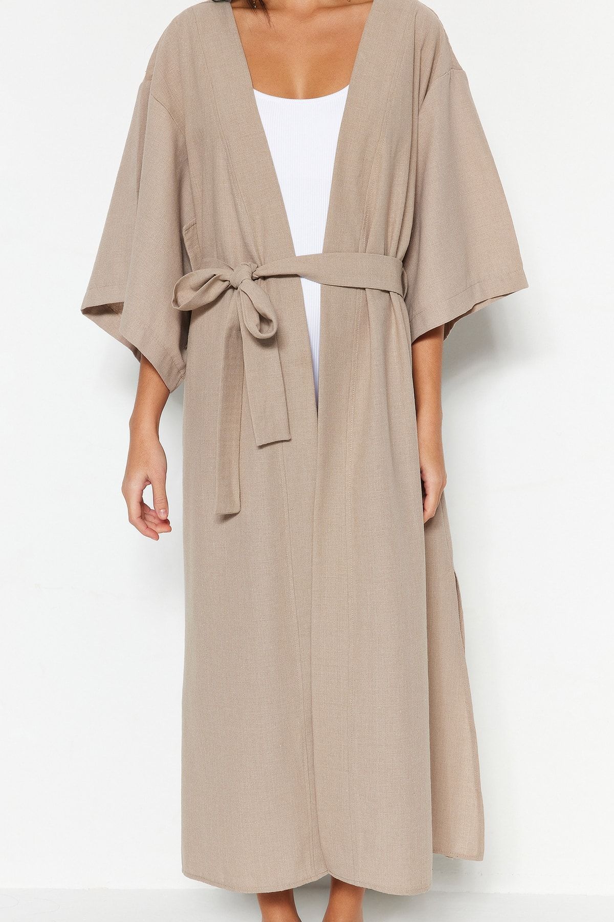 Trendyol Collection-Beige Belted Maxi Woven Linen Look Kimono&Kaftan TBESS23KM00058 4