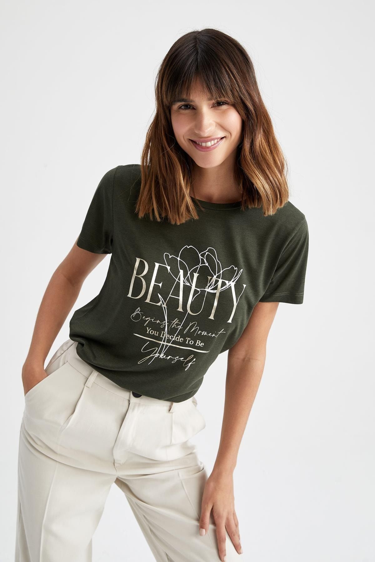 DeFacto T-Shirt Khaki Regular Fit