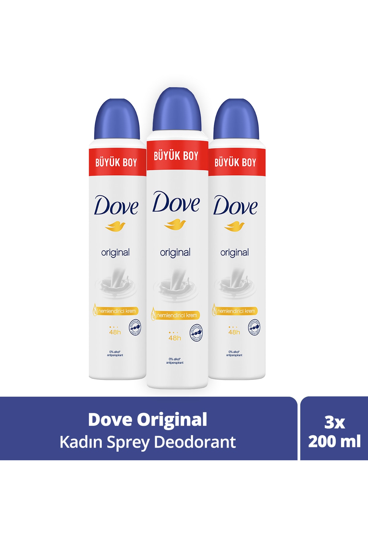 Dove Kadın Sprey Deodorant Original 1/4 Nemlendirici Krem Etkili Büyük Boy 200 Ml X3 Adet