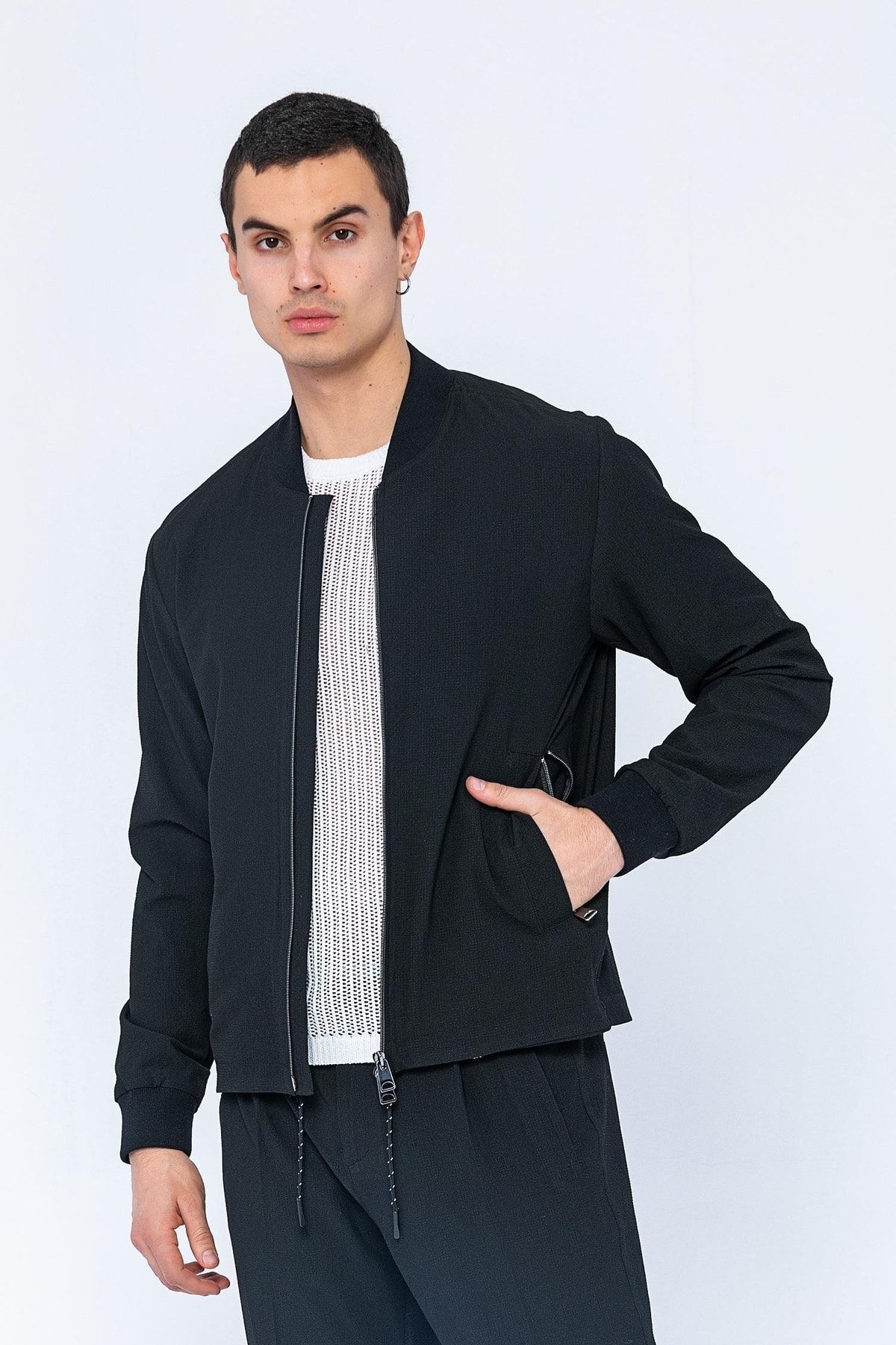 Cekmon Erkek Regular Fit Çok Cepli Fermuarı Çift Taraflı Pilot Bomber Yaka Bürümcük Kumaş Rahat Spor