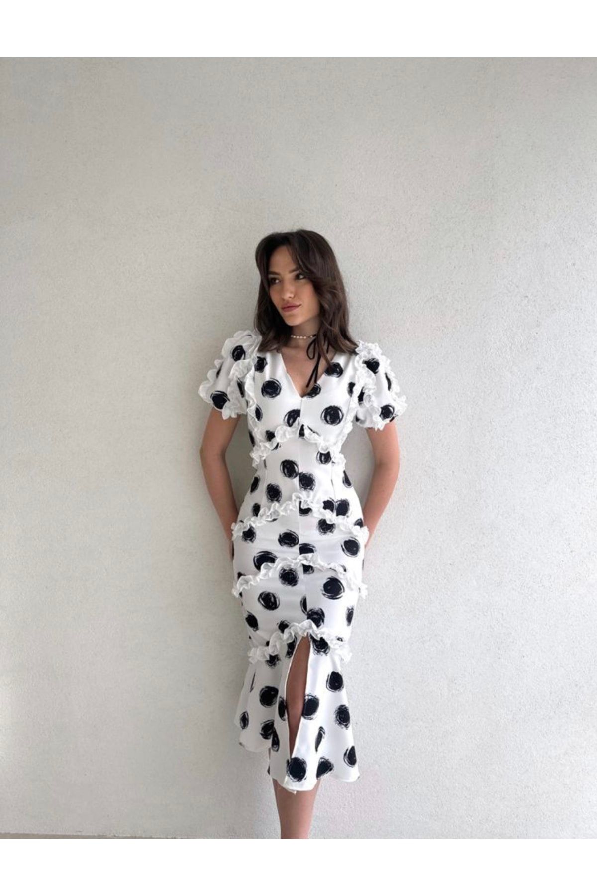 Afi Butik White Ruffle Detailed Midi Dress