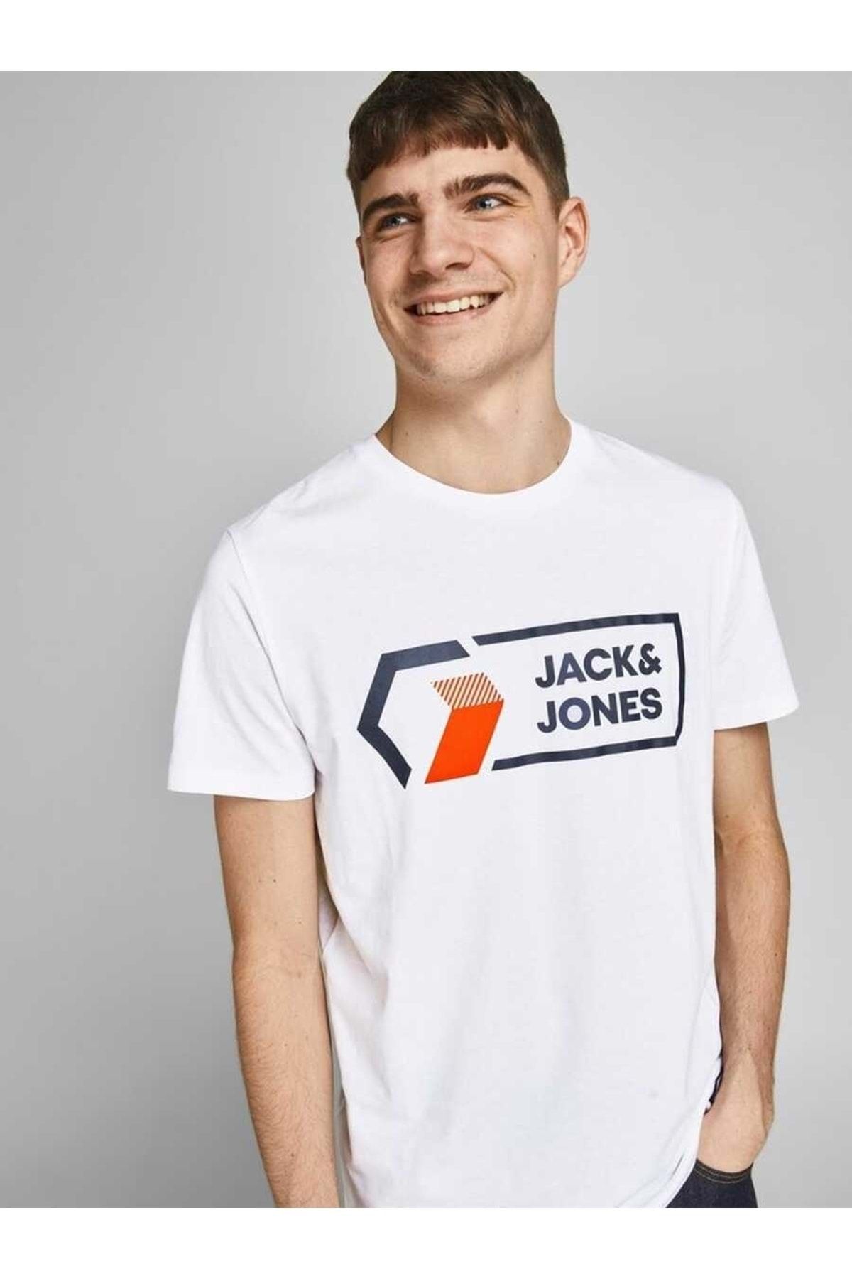 تی شرت سفید مردانه Jack Jones چاپ سه بعدی جک جونز 12204902 قرمز S ST04399 beyaz s Jack & Jones