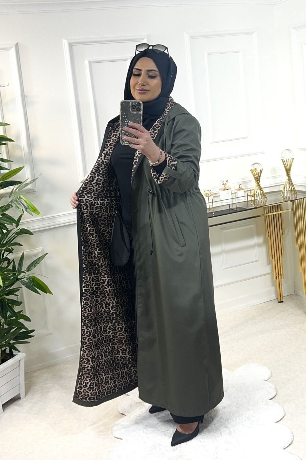 Aşkı Endam-Large Size Setenay Full Length Double Arm Trench with Leopard Inside - Khaki 3