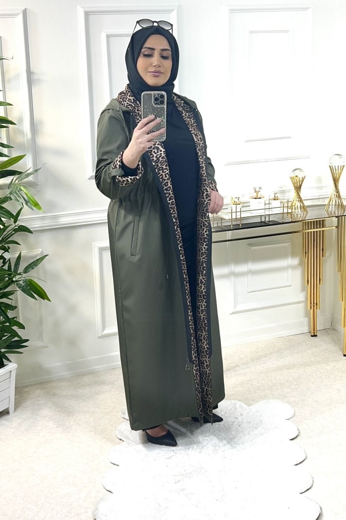 Aşkı Endam-Large Size Setenay Full Length Double Arm Trench with Leopard Inside - Khaki 6
