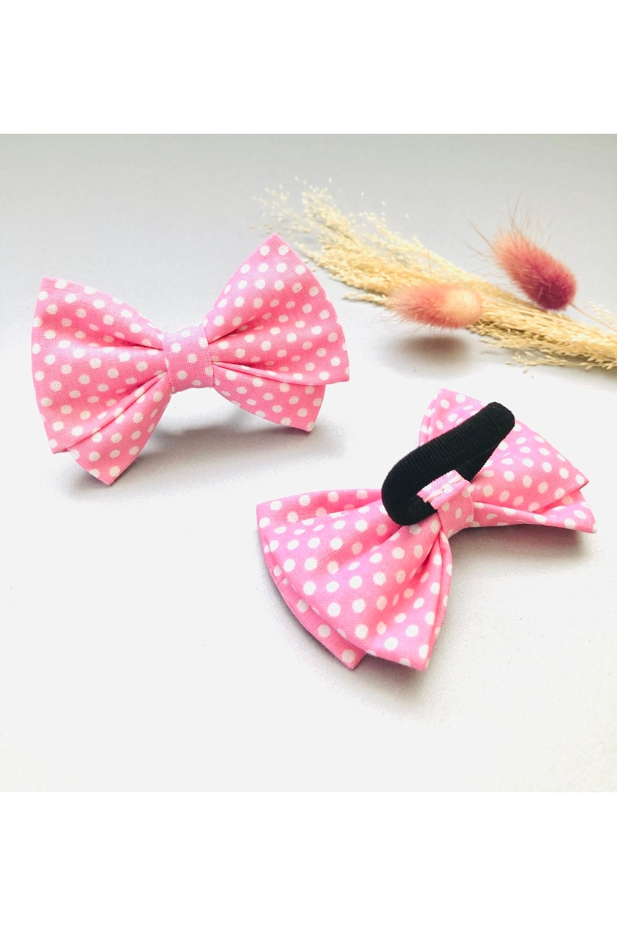 seyranat-2-Piece Pink Polka Dot Quality Elastic Bow Girls' and Baby Hair Clip 3