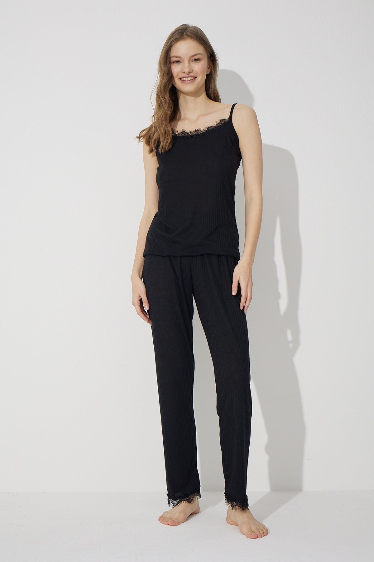 Siyah İnci-Black Soft Touch Thin Knitted Pajamas Set 2