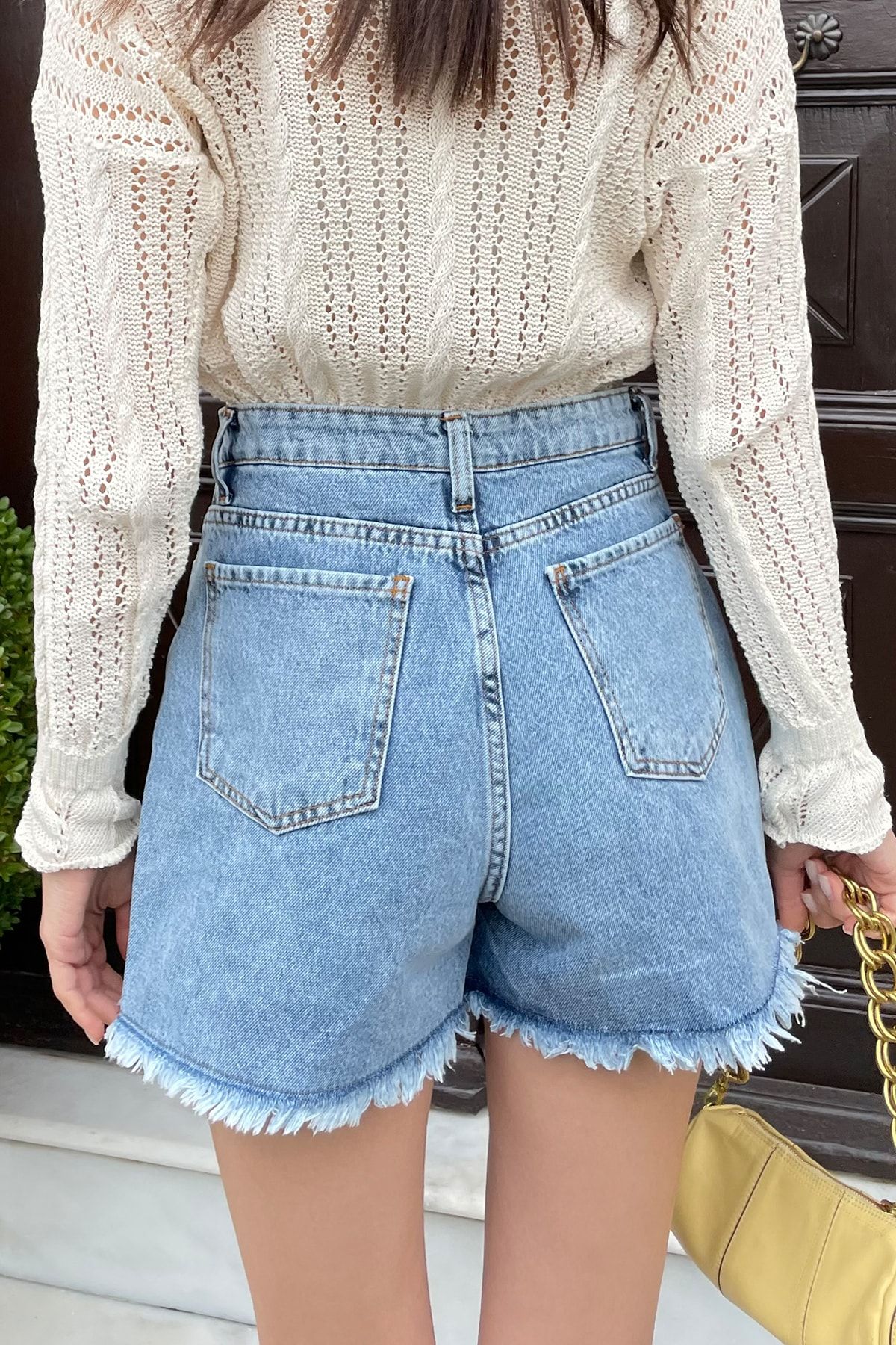 Trend Alaçatı Stili-Women's Blue Five-Pocket High Waist Snow-Washed Leg Tassel Denim Shorts ALC-X9981 7