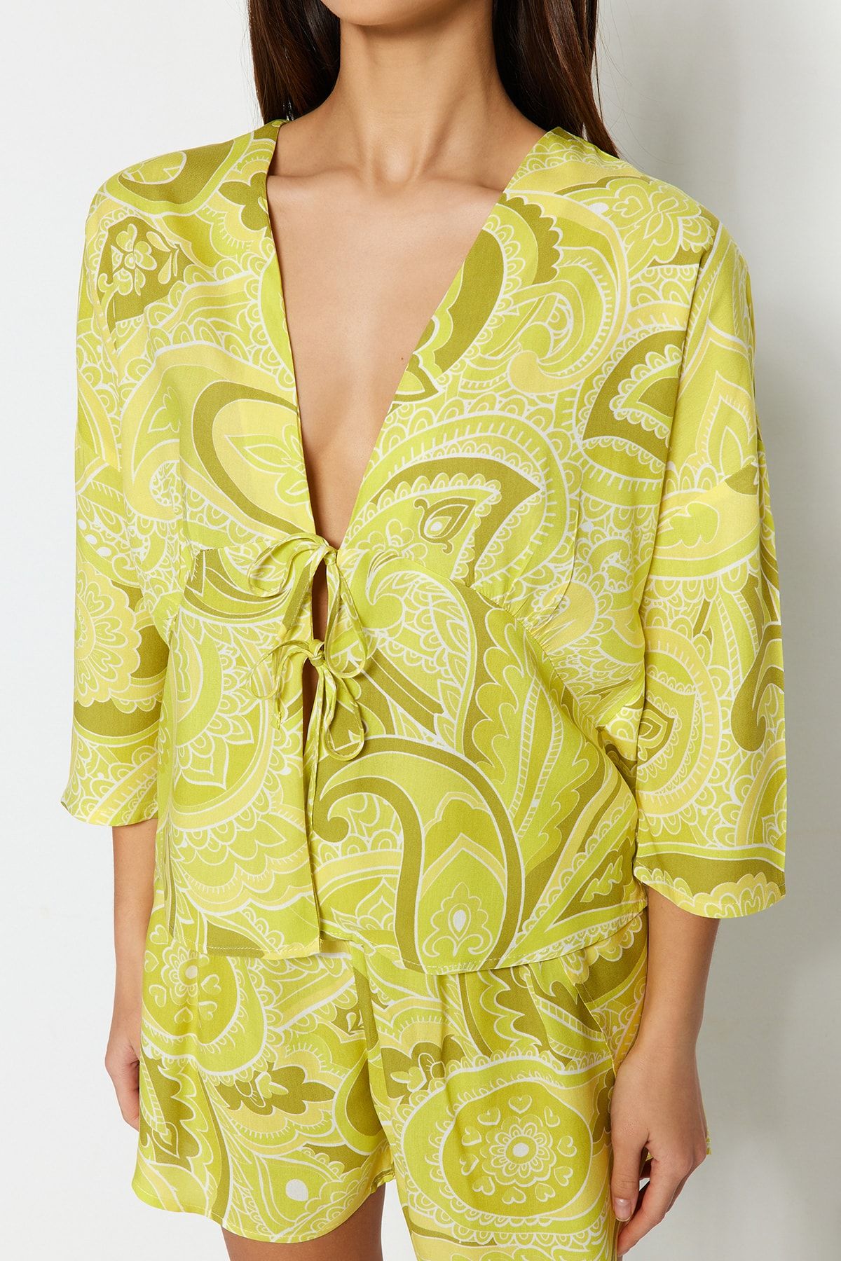 Trendyol Collection-Ethnic Pattern Viscose Pajamas Set - with Binding/Bow Detail, Multicolor Shorts Thmss23Pt00165 4