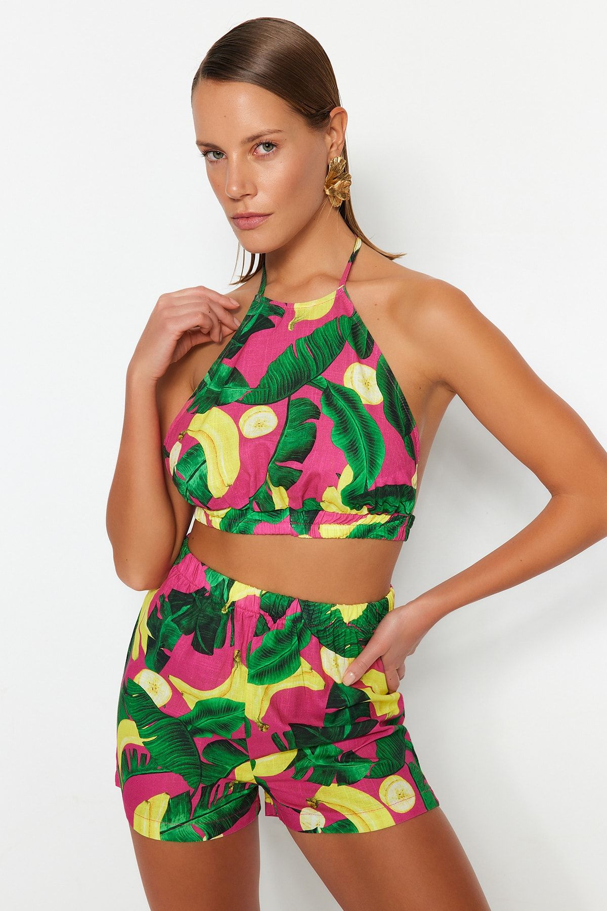 Trendyol Collection-Set de bluze scurte, 100% bumbac, decoltate, țesute cu model tropical TBESS23AU00169 3