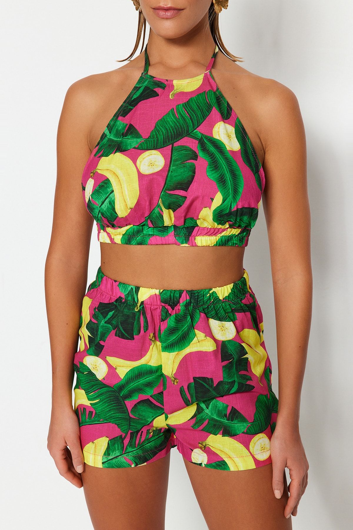 Trendyol Collection-Set de bluze scurte, 100% bumbac, decoltate, țesute cu model tropical TBESS23AU00169 4