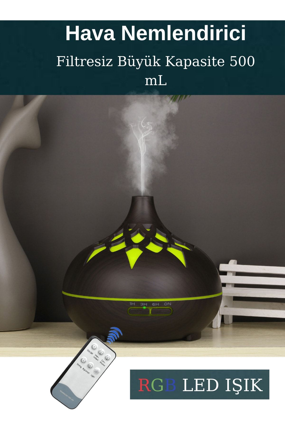 Humidifier Hava Nemlendirici Buhar Makinası Difüzörü Buhar Unik 7 Renk Led Işıklı Filtresiz 300ml Esansiyel