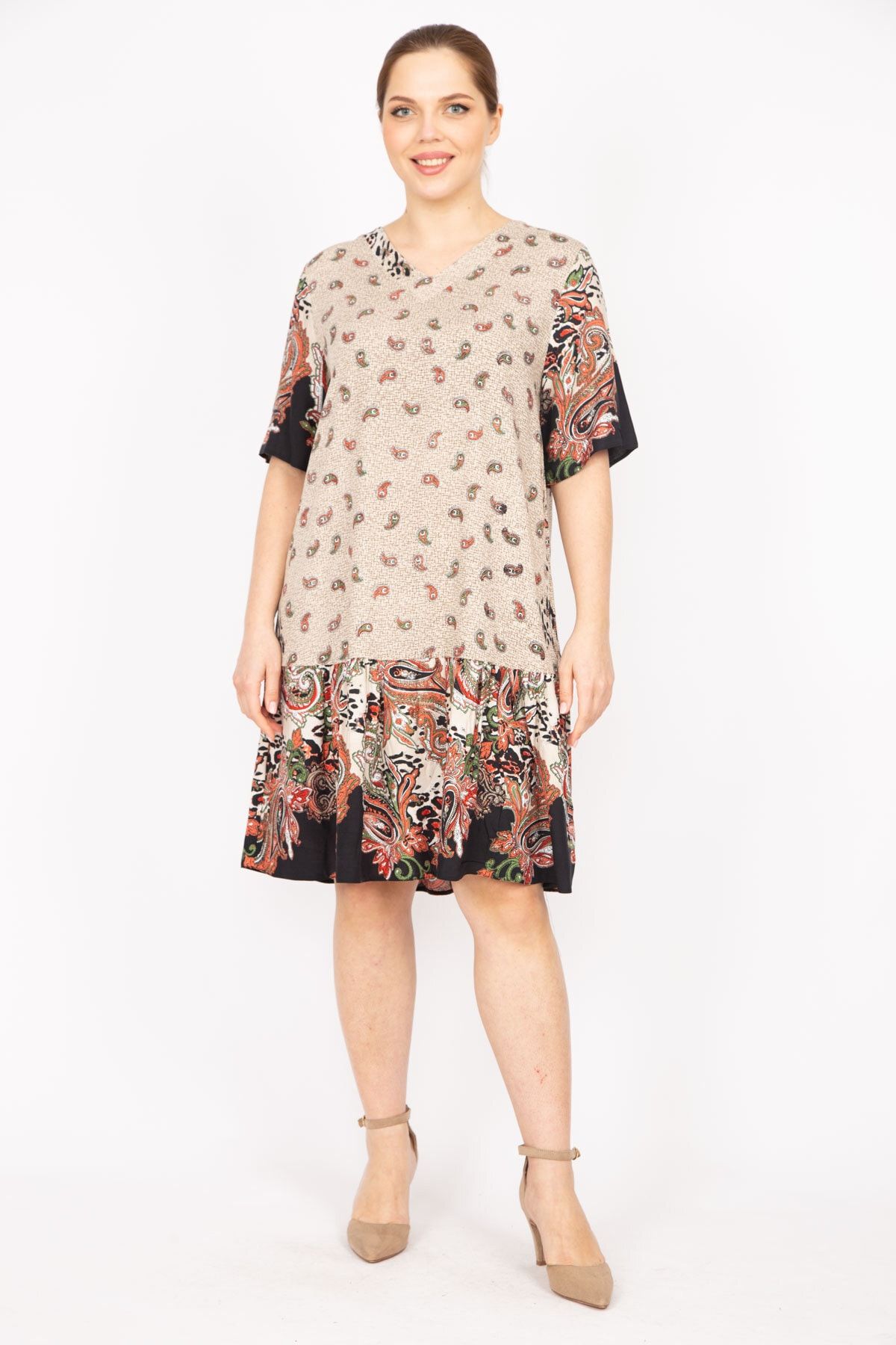Şans-Women's Mink Plus Size Woven Viscose Fabric Paisley Patterned Dress 65n35834 6