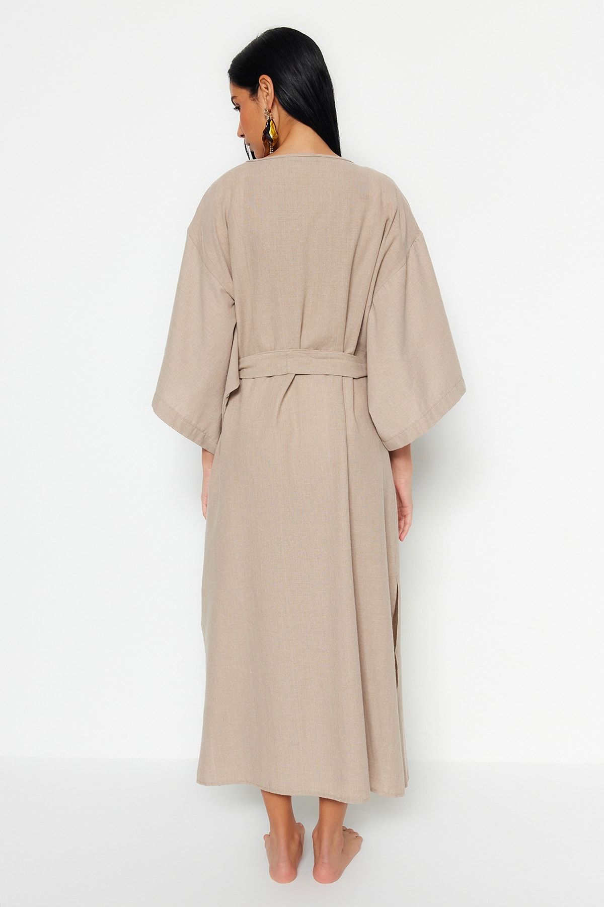 Trendyol Collection-Beige Belted Maxi Woven Linen Look Kimono&Kaftan TBESS23KM00058 5