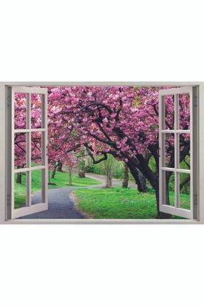 Pembe Çiçekli Ağaç Patika Yol Manzara Pencere Duvar Sticker BLRDU000030